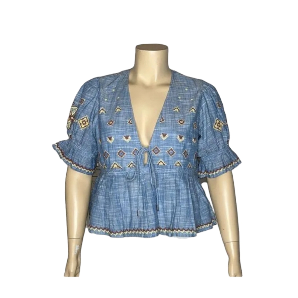 Free People Size XL Chambray Puff Sleeve Crop Tallulah Embroidered Shirt Top